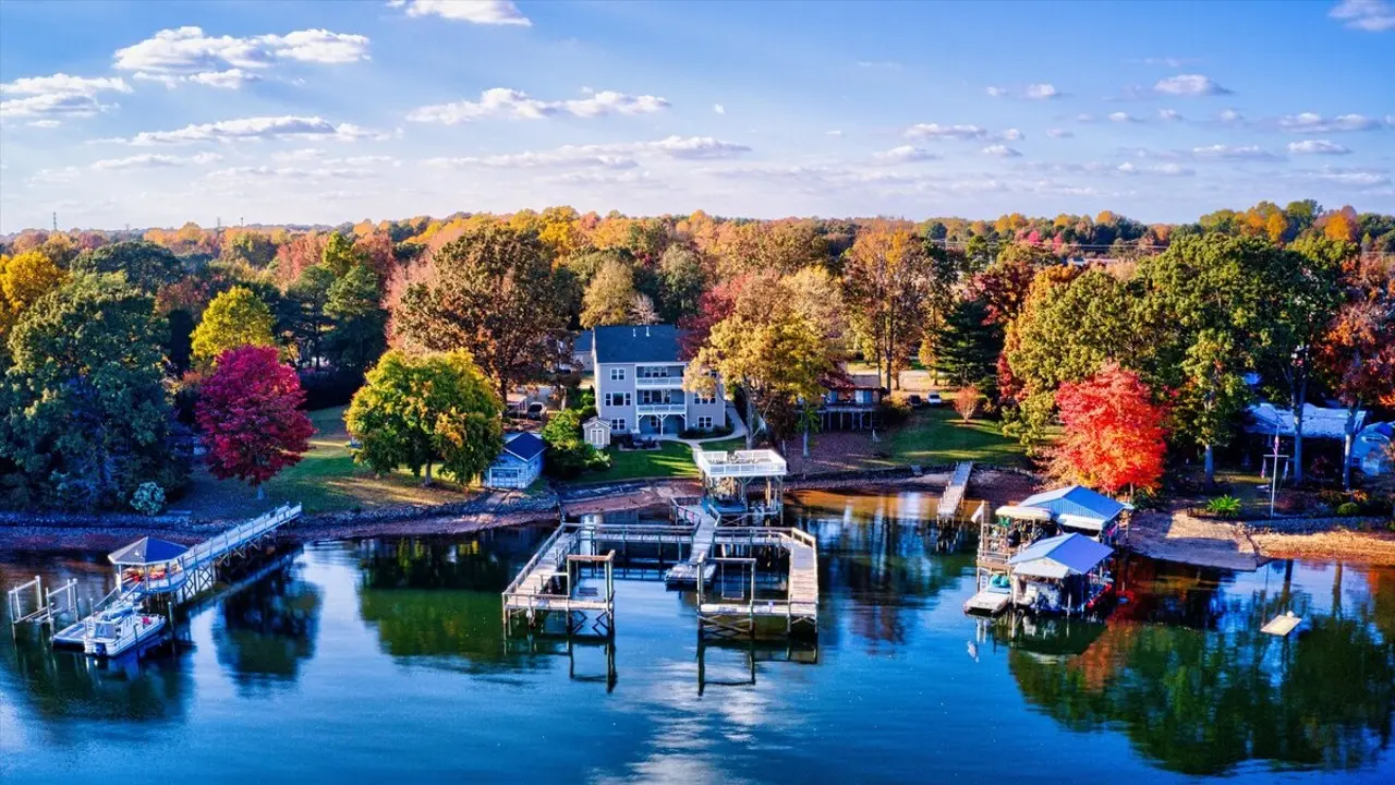 Aerial view of lakefront property